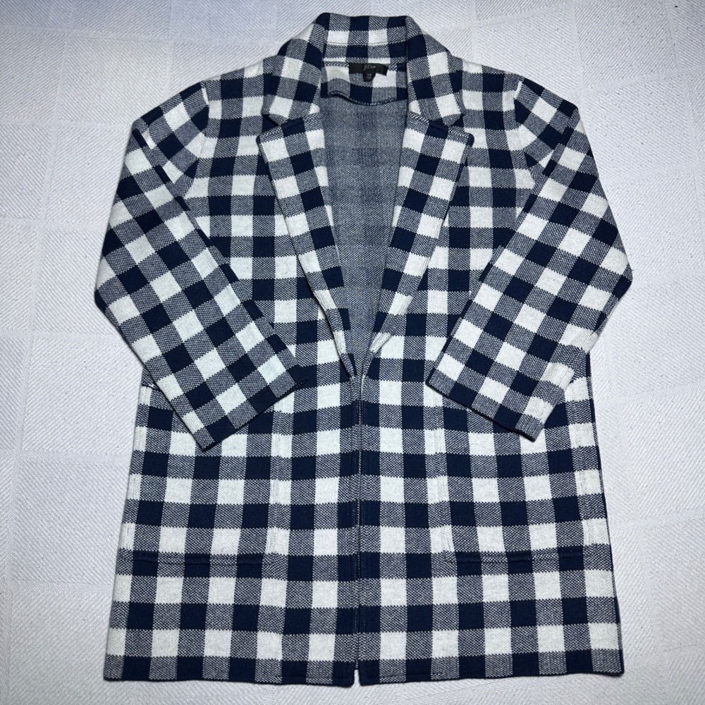 J.Crew Cardigan Blazer Sweater Womens XS Gingham Merino Wool Blend Navy White